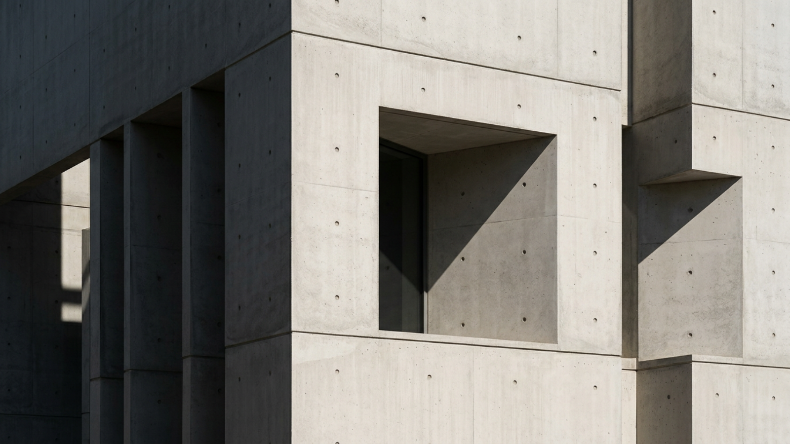 A sharp, minimalist concrete corner of a building against a clear blue sky, showing the precise alignment of formwork holes and a deep rectangular window opening with a dark interior.
