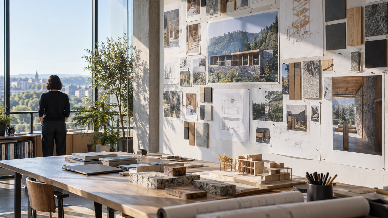 AI-generated concept illustration of a reconfigurable open-plan workspace; not a photograph of a built project.