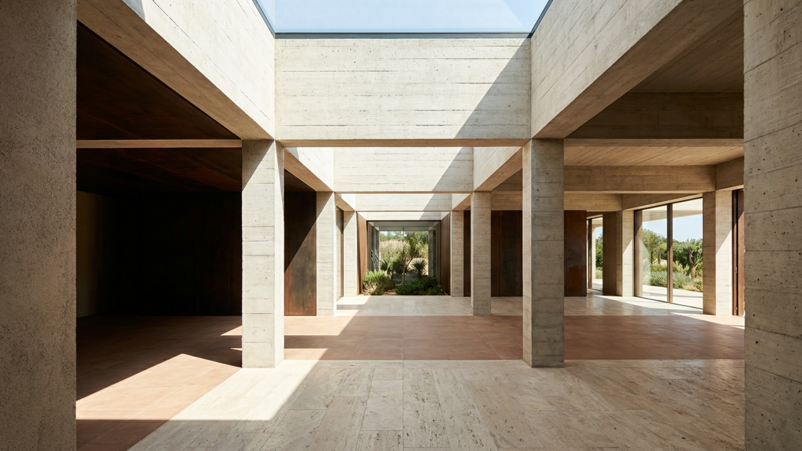 A layered interior sequence within a regular structural grid, looking through successive shaded thresholds into a bright top-lit court.