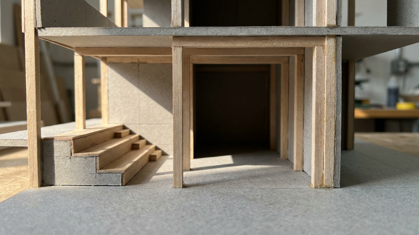 A physical architectural study model made of light-toned wood and grey card, showing a deep, tiered interior volume with light raking across a textured floor.
