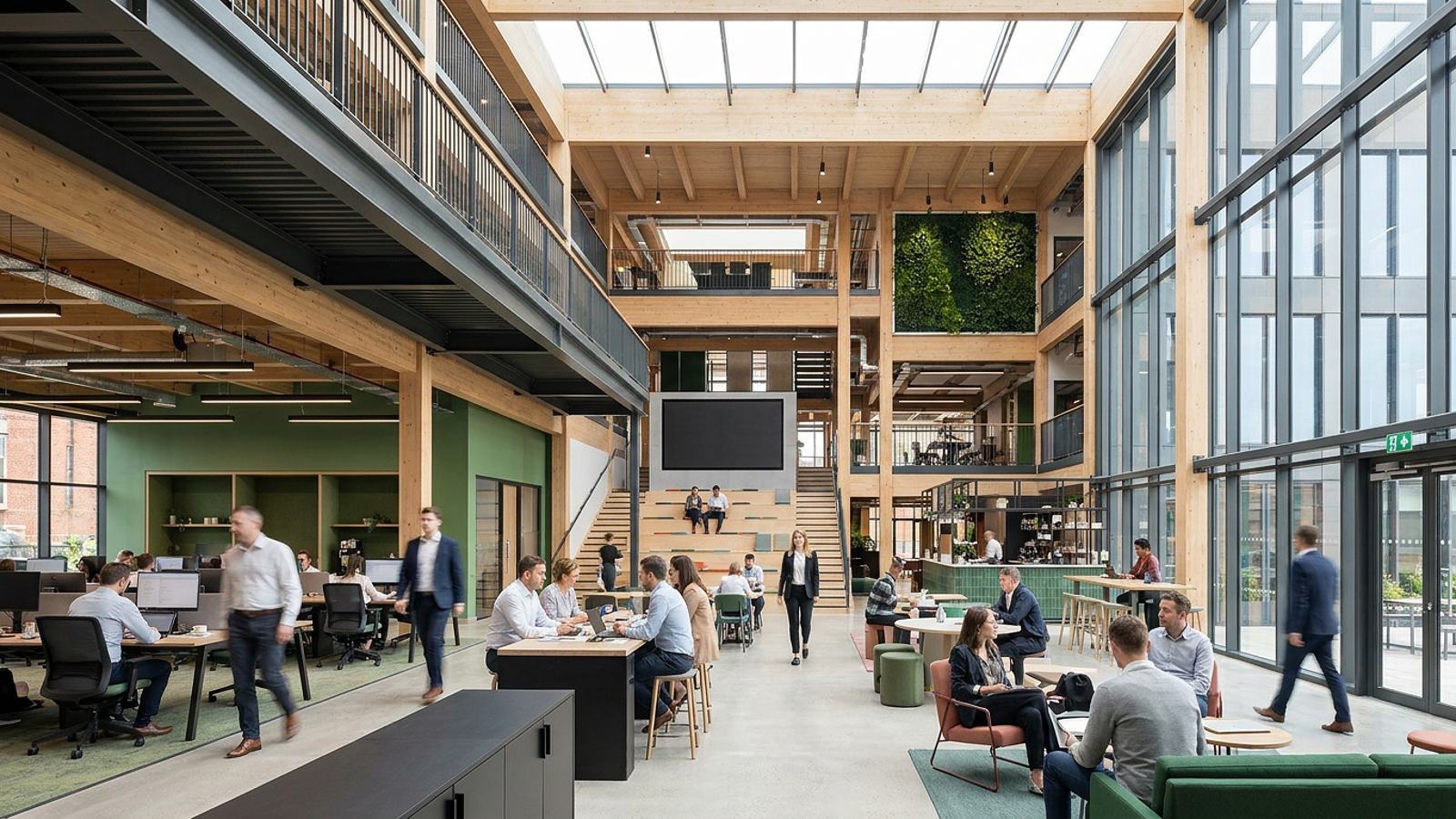 AI-generated concept illustration of a reconfigurable open-plan workspace; not a photograph of a built project.