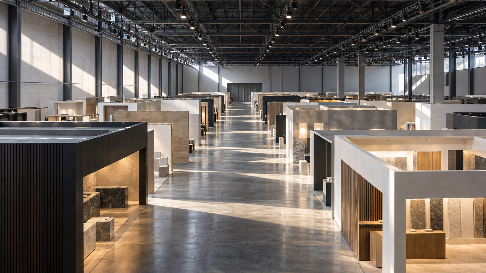 AI-generated illustration of an empty exhibition hall with solid exhibition stands, a central aisle and directional side lighting.