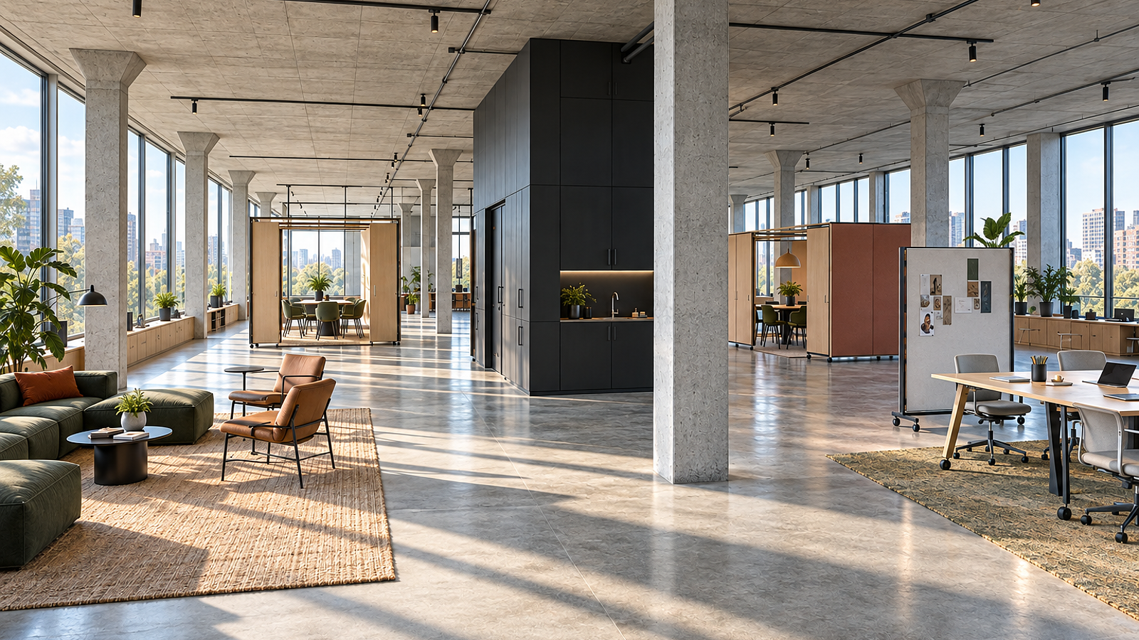 AI-generated concept illustration of a reconfigurable open-plan workspace; not a photograph of a built project.