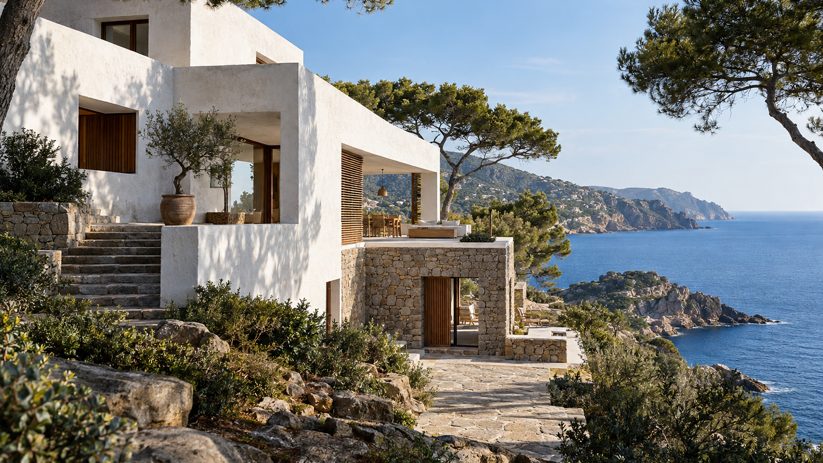 A wide architectural shot of a stepped concrete and stone structure following the curve of a hillside at dusk, showing a deep transition from a shaded interior to a bright twilight sky.