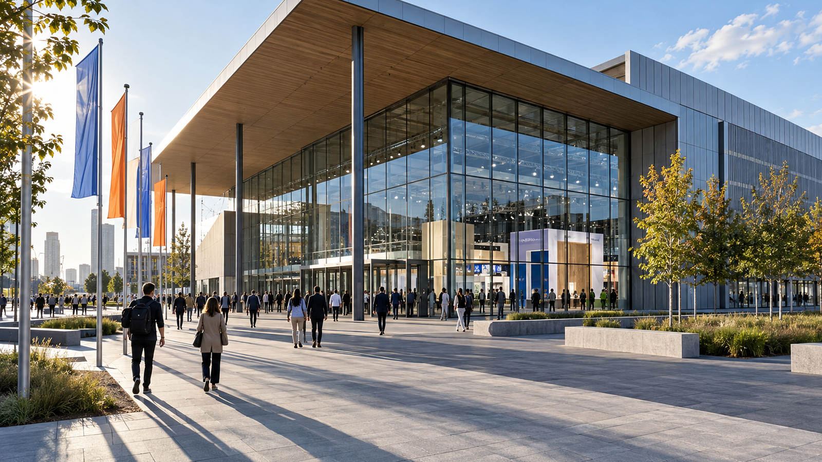 A wide, unpeopled view down a vast exhibition hall with high ceilings, exposed metal gantry lighting, and a series of minimalist architectural stands displaying models and material samples.